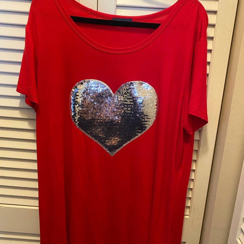 Scarlett Red Short Sleeve Tee with Silver Sequin Heart